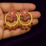 Chandbali with pink stone floral design, pink drops