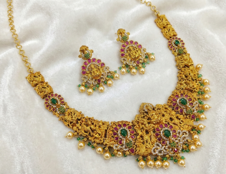 Temple Jewellery Finishing-Matt-with-pota-stones-and-Laxshmi-Haramwith-CZ-beads-and-Swarovski-beads-