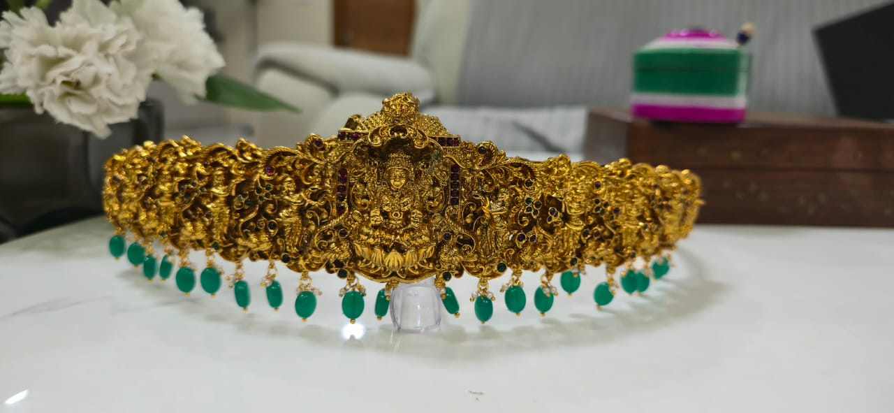 Hip Belt 1 - Nakshi belt with Lakshmi idol and Monalisa Beads - 600 Gold plated South Indian temple jewellery necklace for women