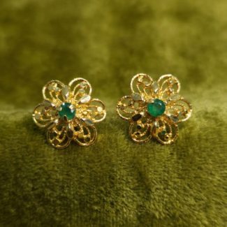 Floral studs with green stone center